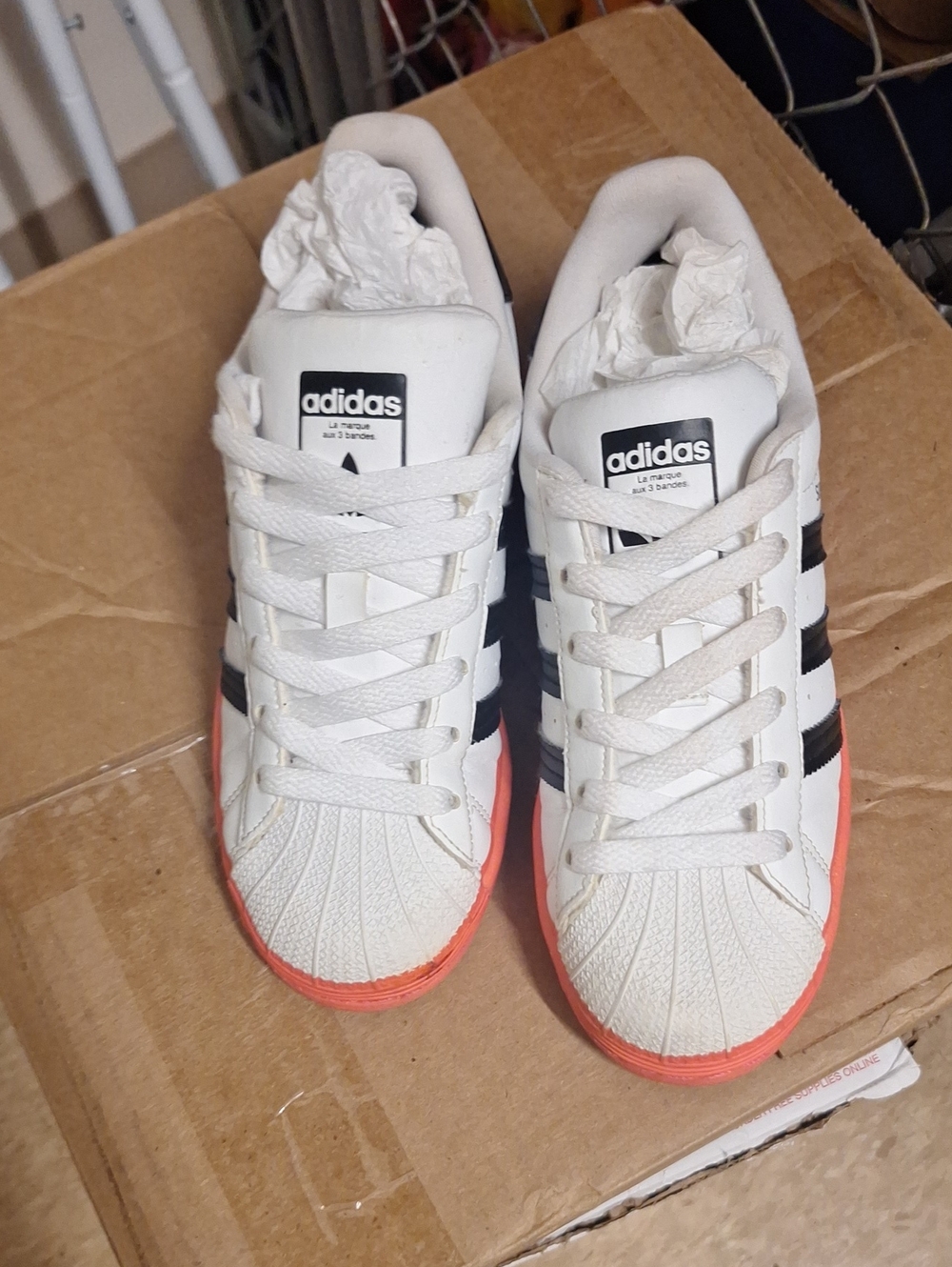 adidas Kids White Sneakers with Black Stripes and Coral Soles